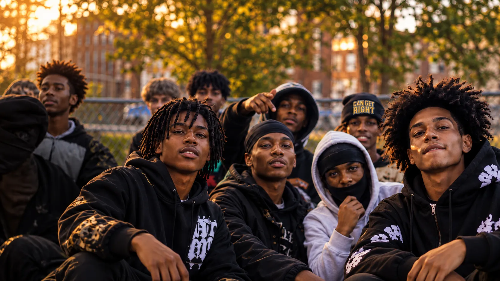 Illustrative image of young people gathered together outdoors at golden hour